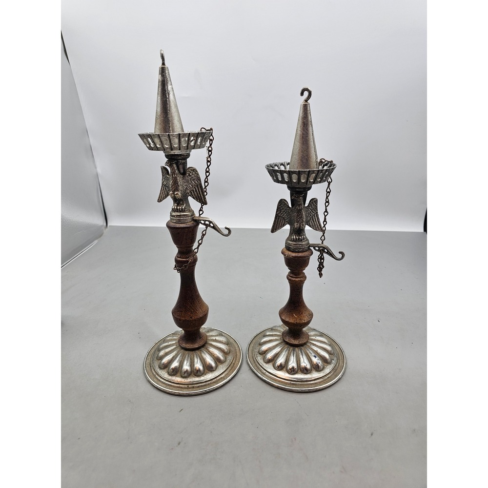 Vintage Eagle Candlestick Holders Wood and Metal with Snuffers Set of 2